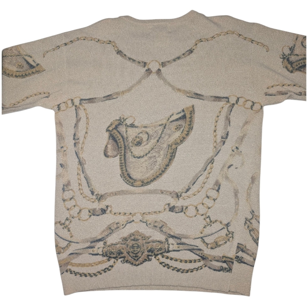 Vintage Equestrian neutral metallic semi sheer pull on top. Large